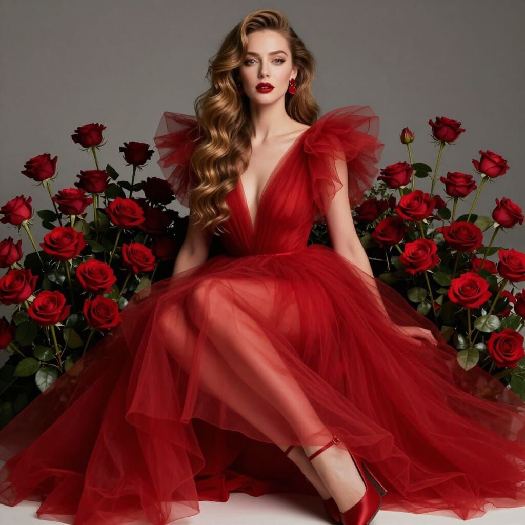 Luxury Fashion Editorial: Woman in Red Roses