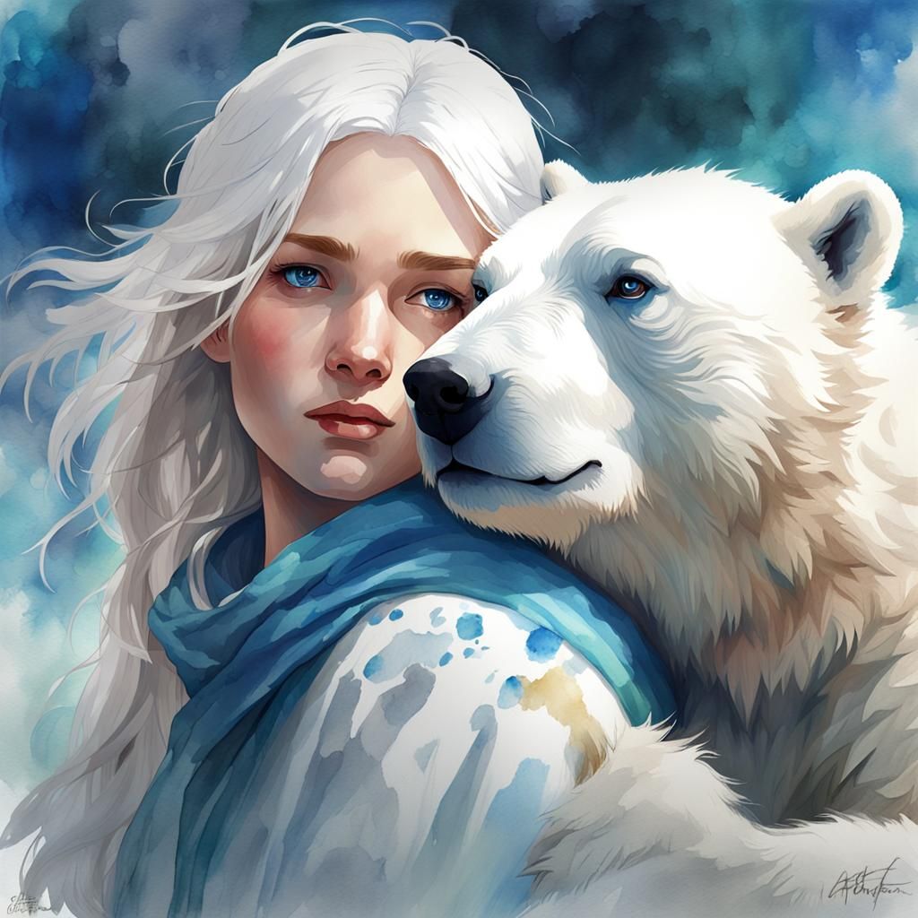 Watercolor Portrait: Girl with Polar Bear Cub