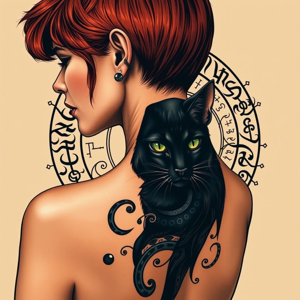 Black Cat Tattoo with Cryptic Script