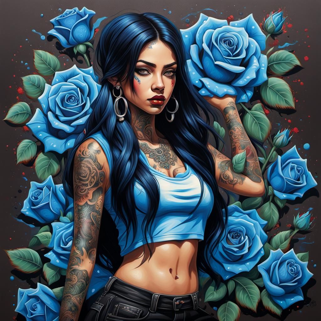 Chola with Roses and Lowrider in Graffiti Art Style