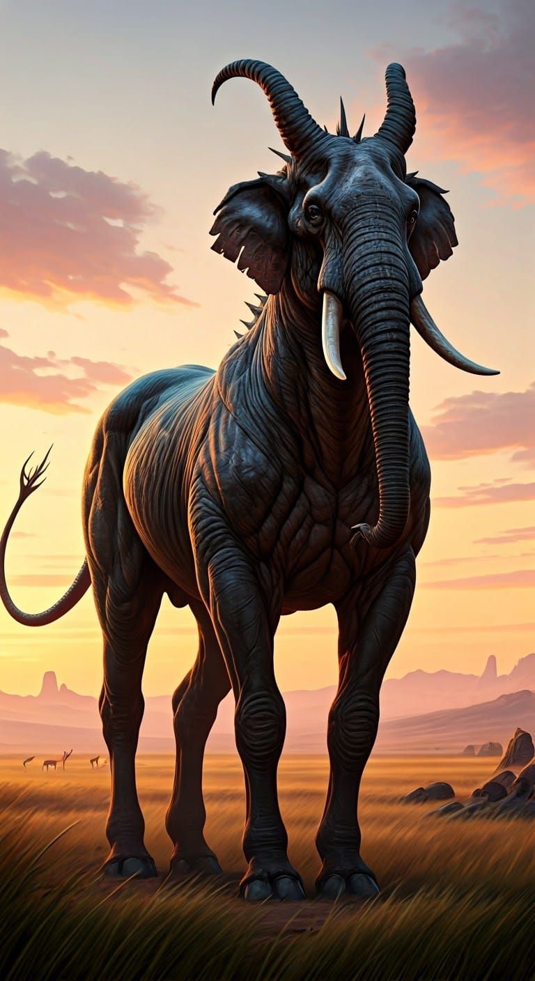 Demonic Horse-Elephant Hybrid on the Savannah