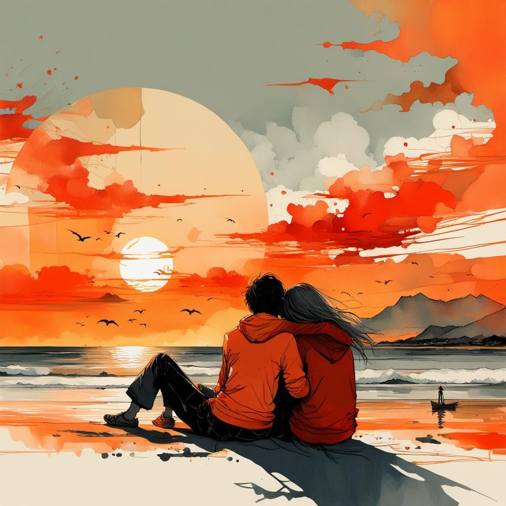 Teenagers Hugging on Beach at Sunset in Sumi-e