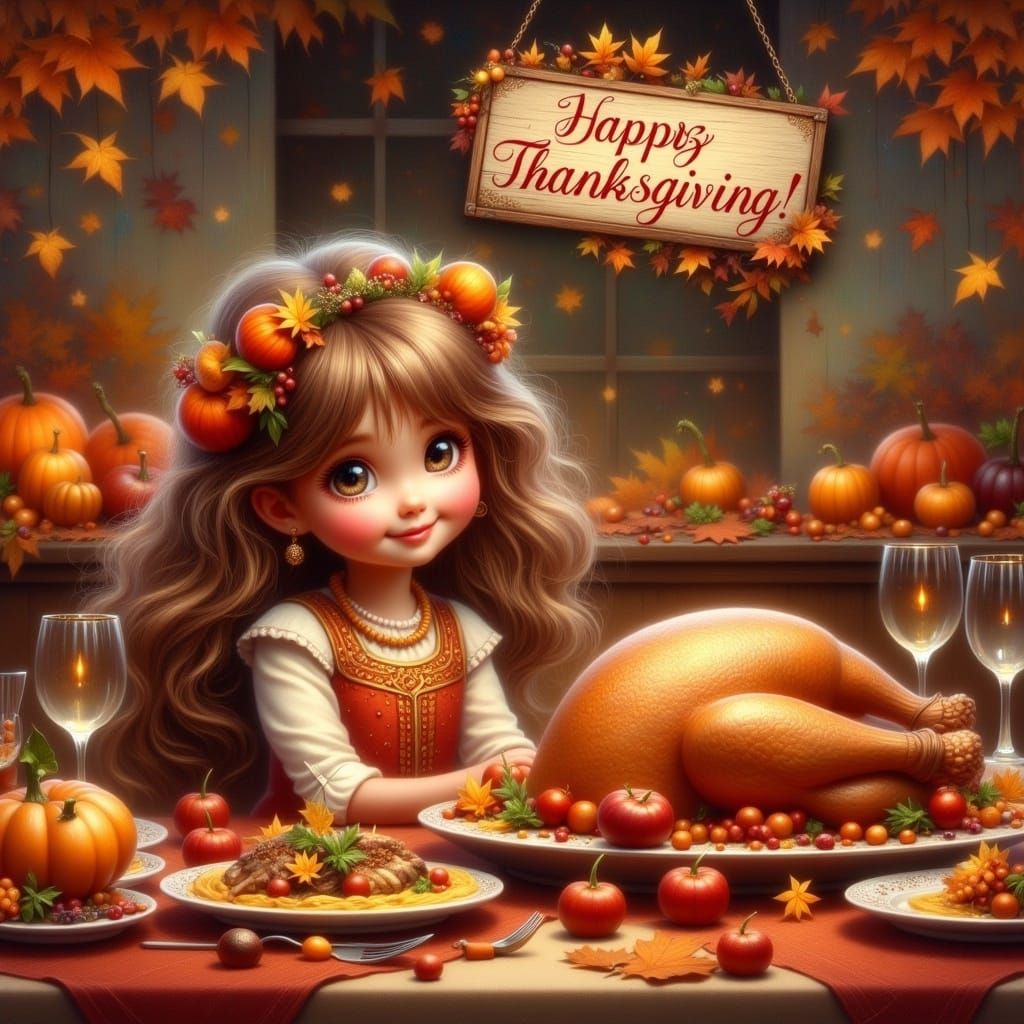 Thanksgiving Feast: Little Girl and Golden Turkey