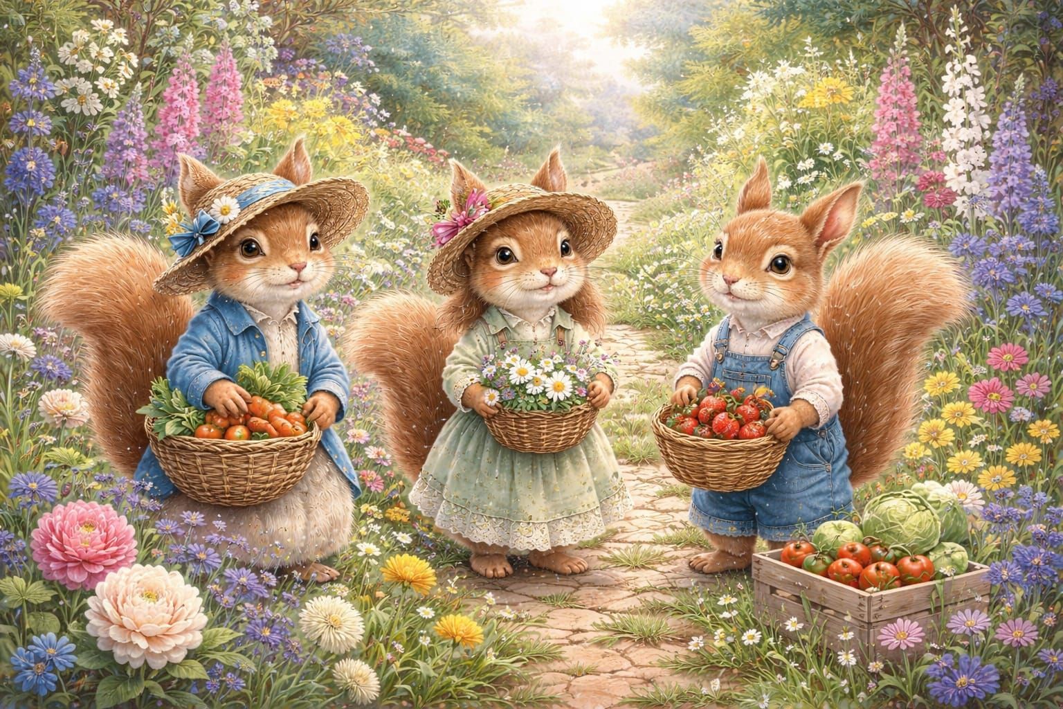 Cute Squirrels in Garden Clothes Watercolor Illustration
