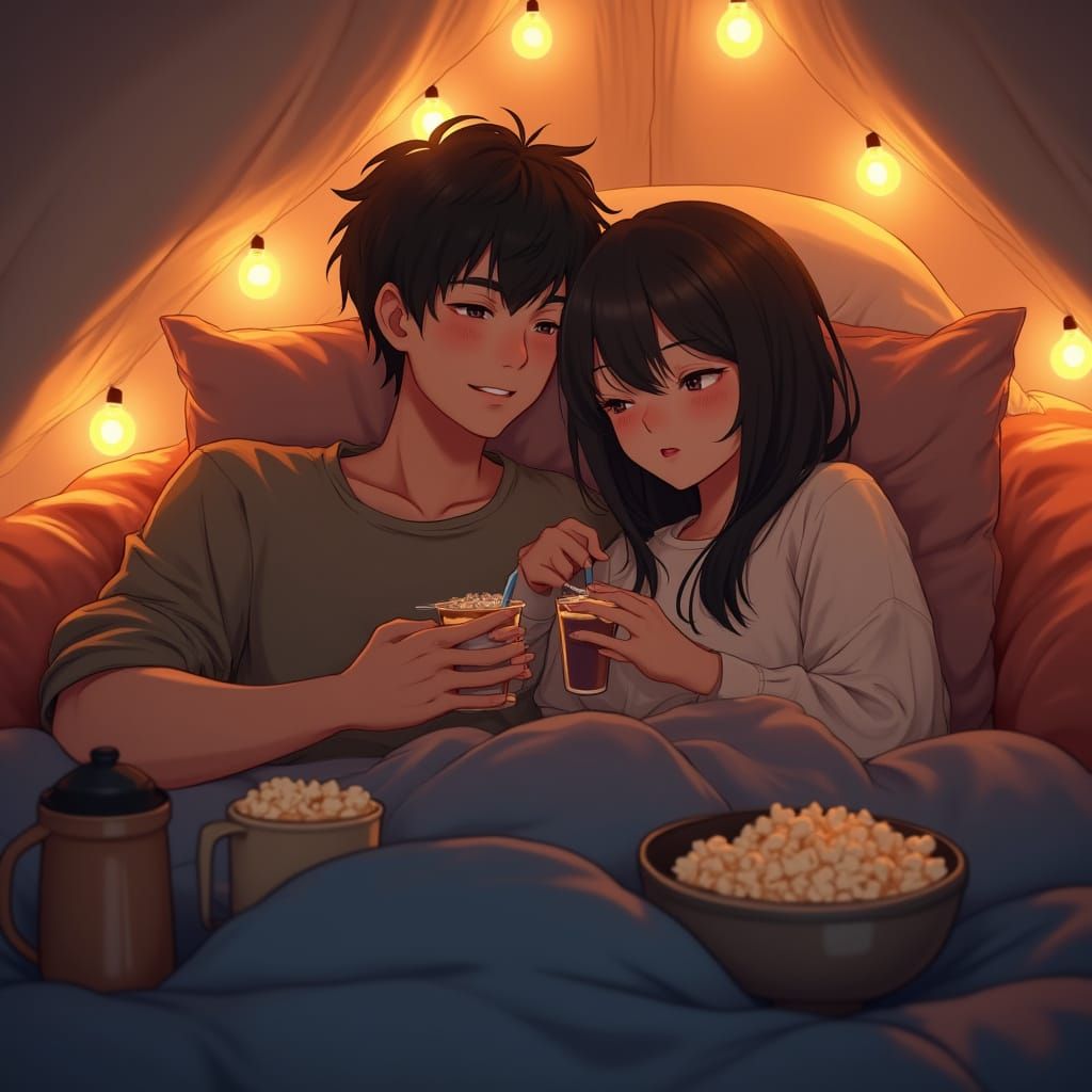 Couple's Cozy Pillow Fort Scene in Anime-Inspired Style
