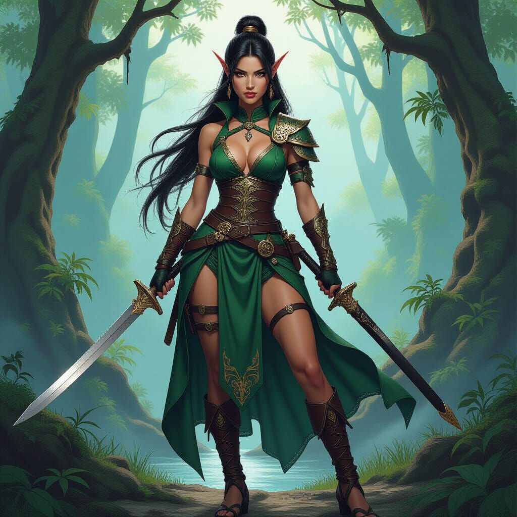 Elf Kunoichi in Mystical Forest - Fantasy Oil Painting