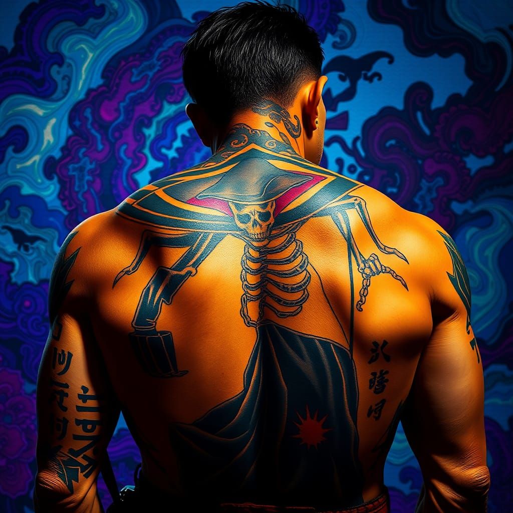 The back of a yakuza, tattoo of a tarot death card where the...