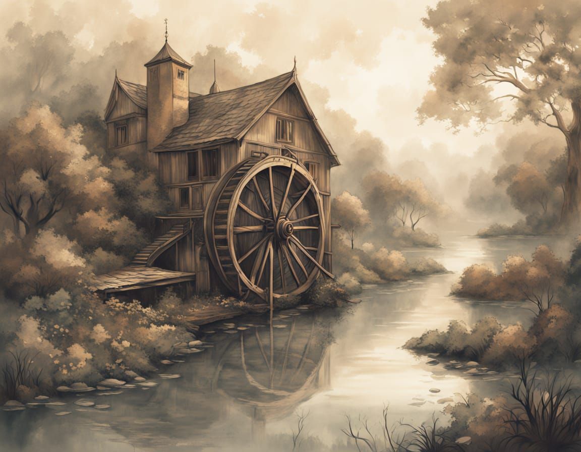 Waterwheels in Serene Art Nouveau Landscape