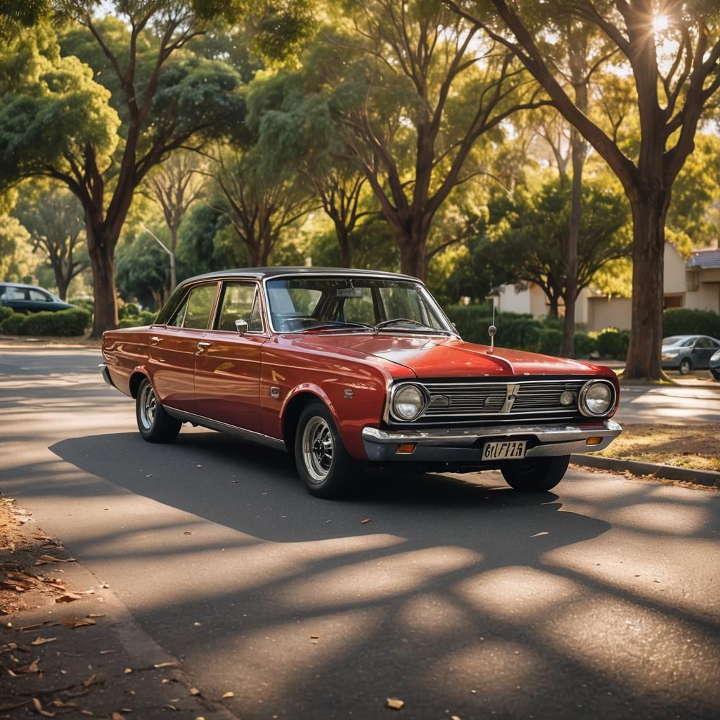 Classic Red Valiant Car on Sunny Street