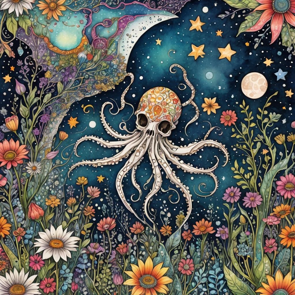 Surreal Bone Flower Field with Crystal Tentacles