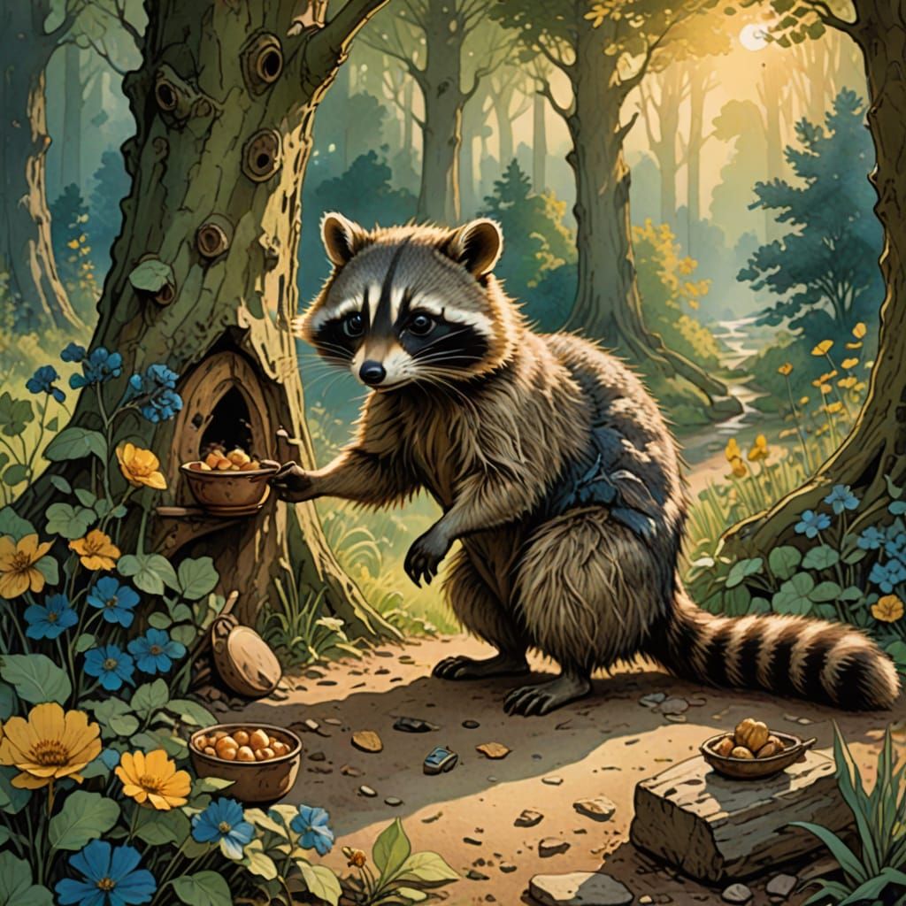 Whimsical Watercolor Raccoon in Golden Hour