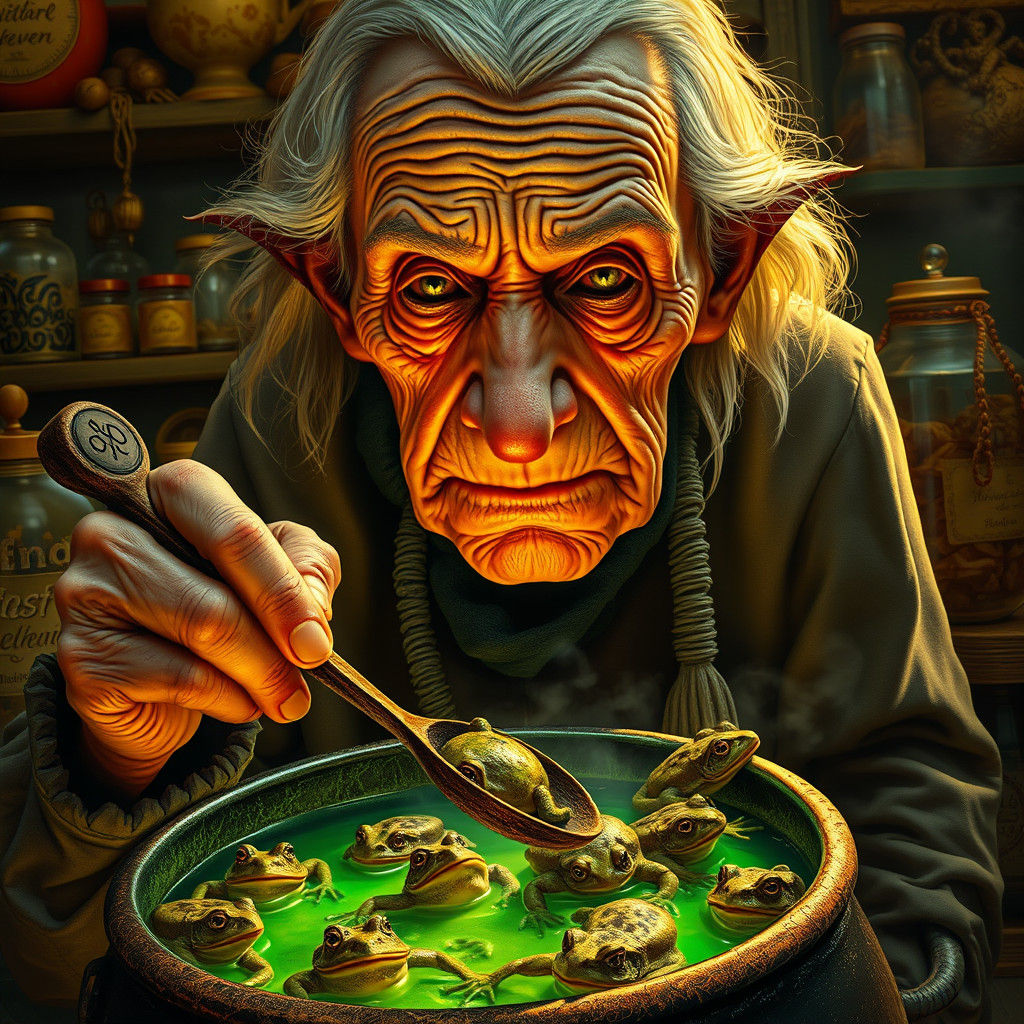 Detailed Portrait of an Elderly Witch Stirring Cauldron