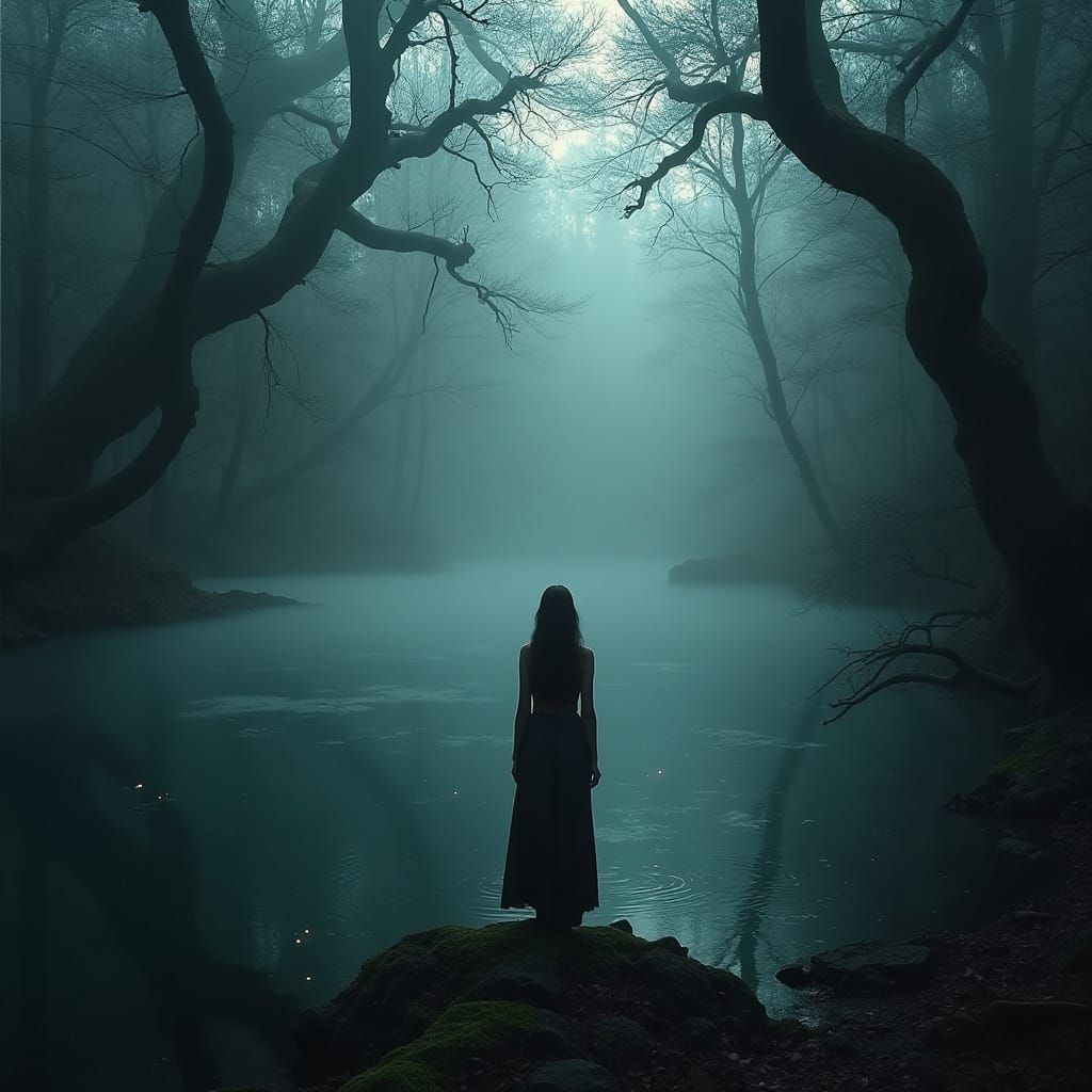 Mysterious Woman at Forest Lake in Moody Lighting