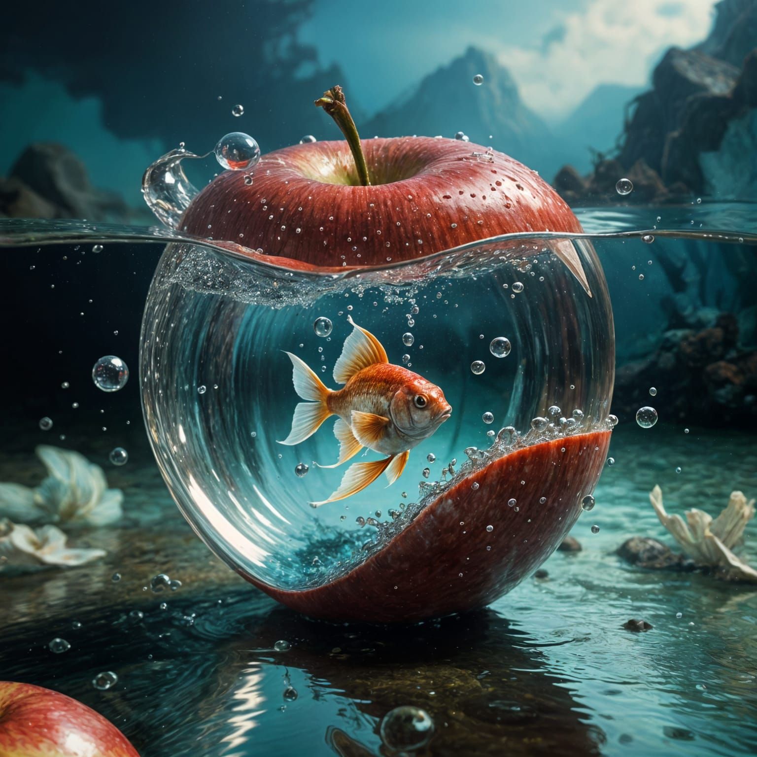 A surreal apple with a fish in the water