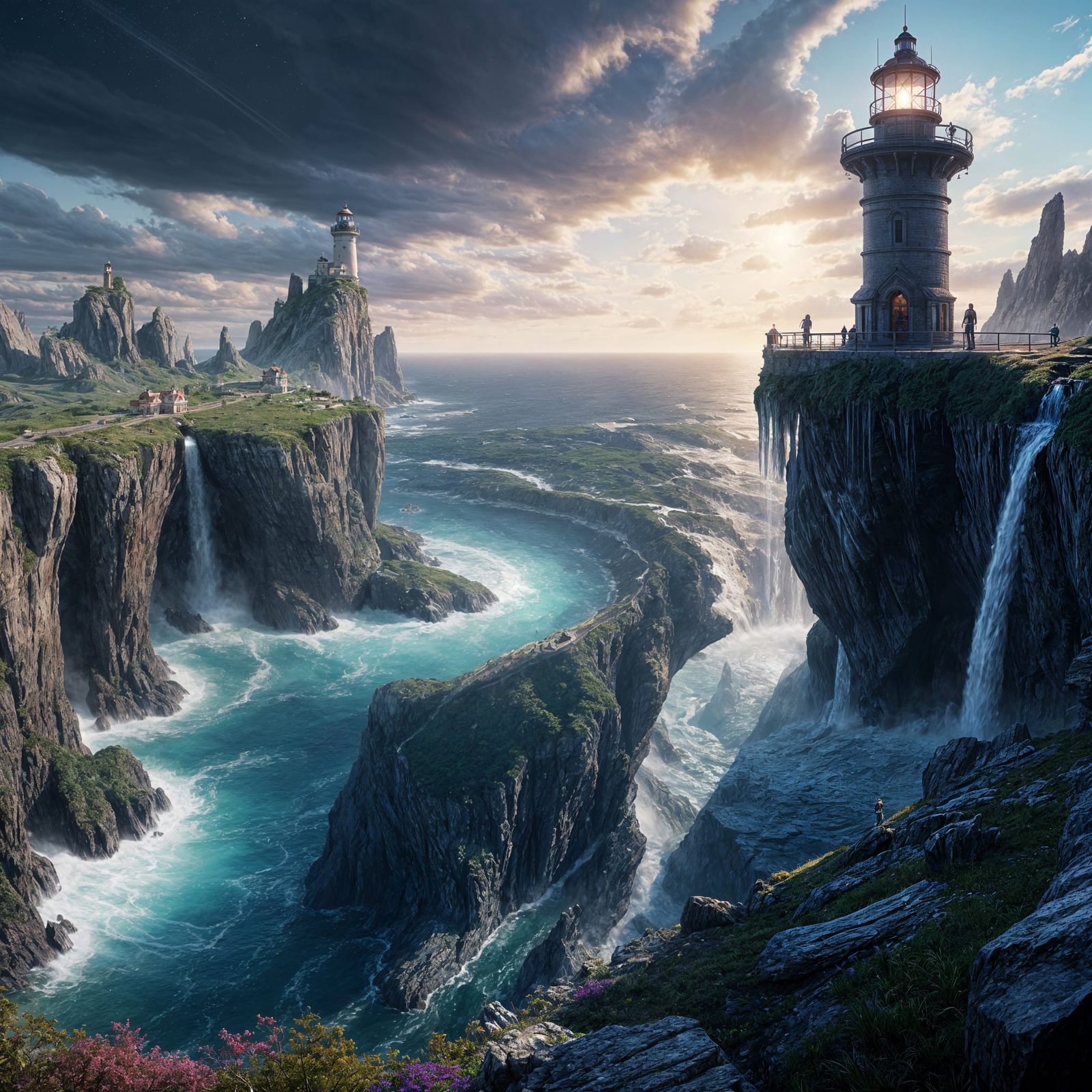 Lighthouse at World's Edge with Crystal Waterfall
