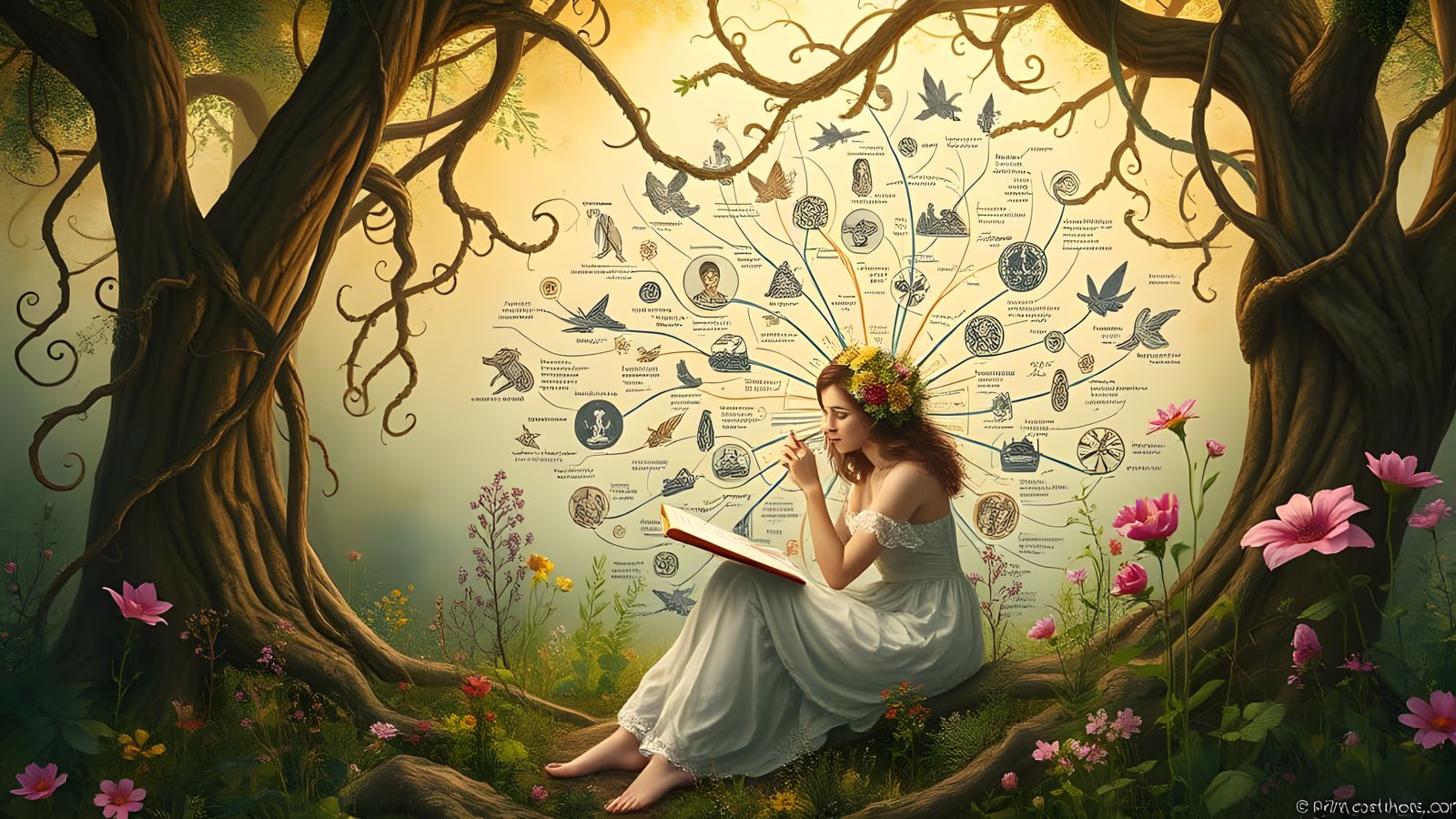 Pre-Raphaelite-Inspired Mind Map in Dreamy Landscape