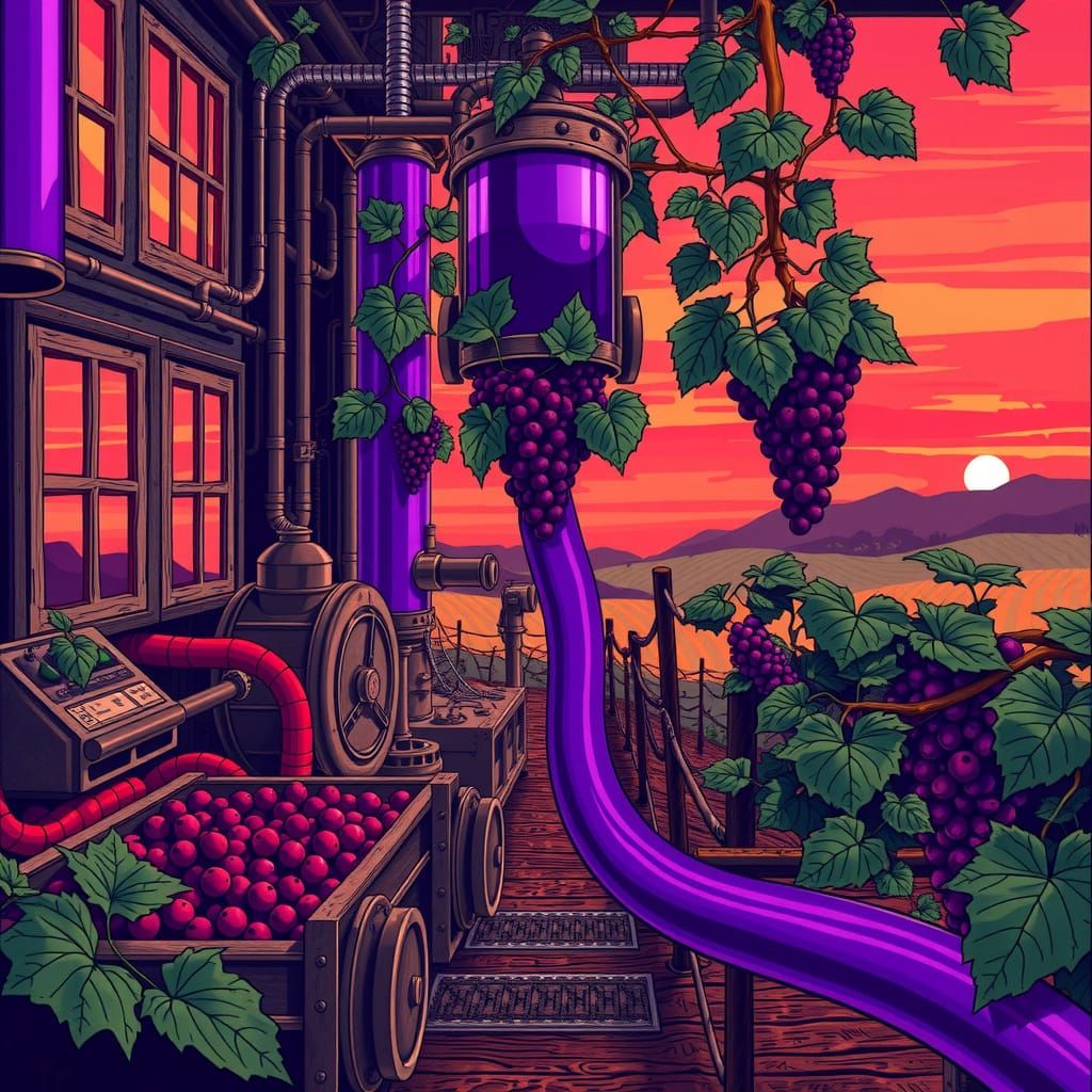 A steampunk vineyard. With machines to process the grapes, and transparent purple tubes to transport the vine. With wind...
