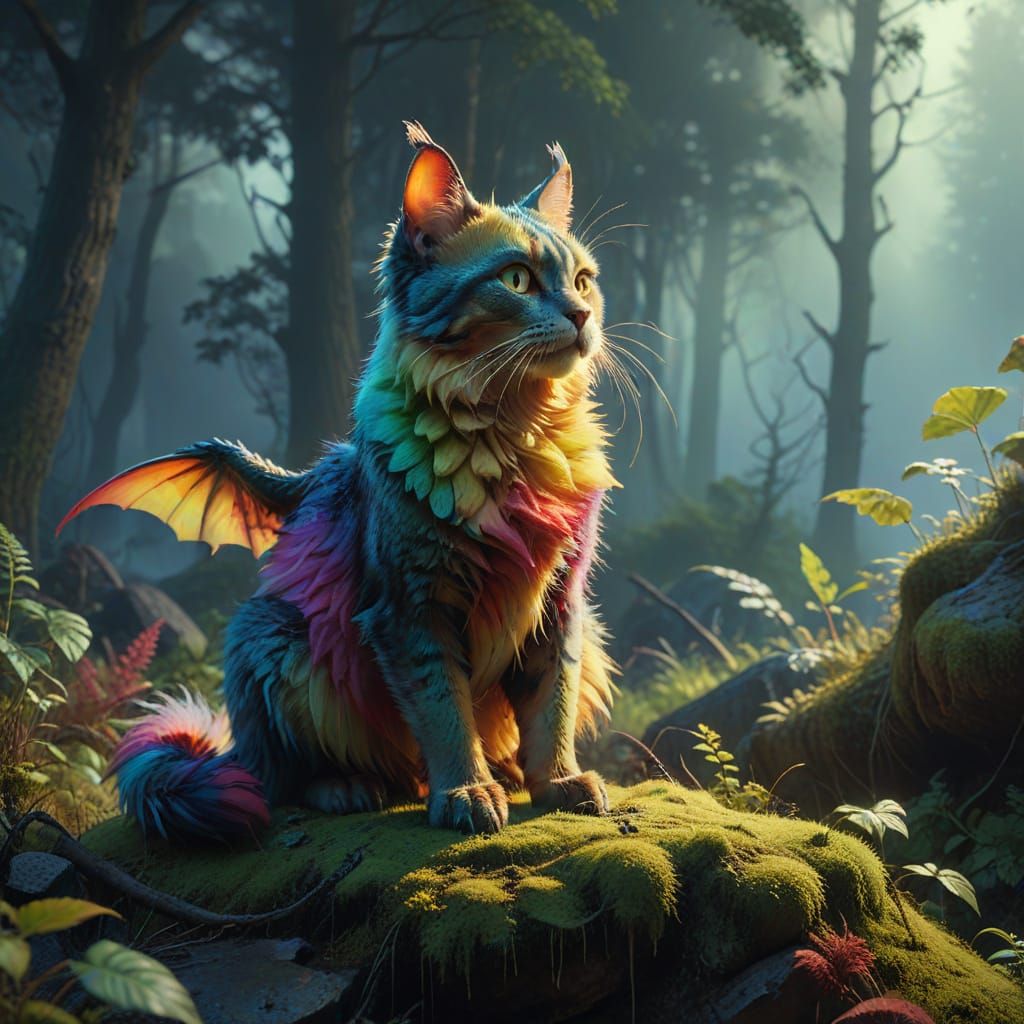 Majestic Rainbow Cat-Dragon in Lush Secret Forest
