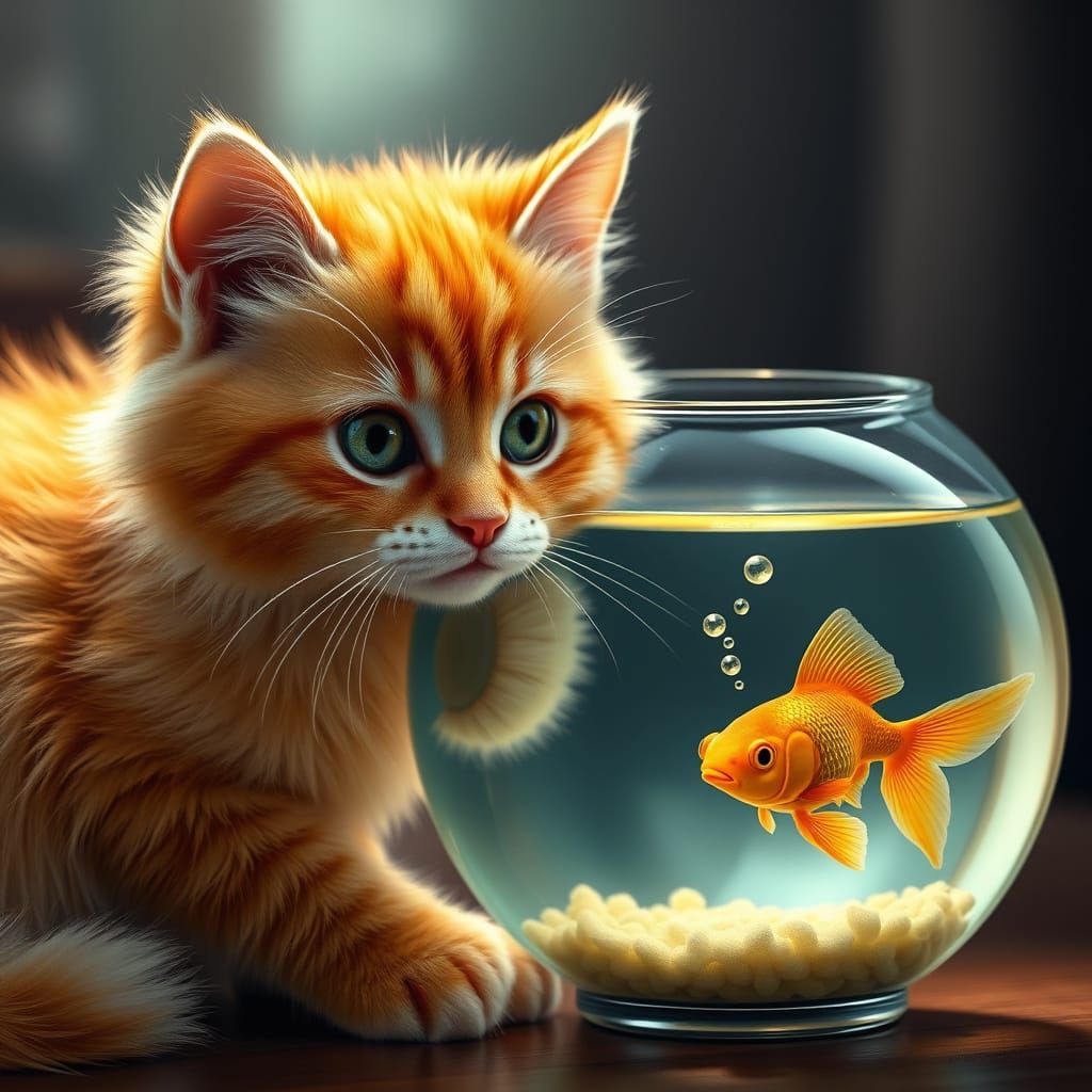 Whimsical Orange Cat and Goldfish Share a Heartwarming Momen...