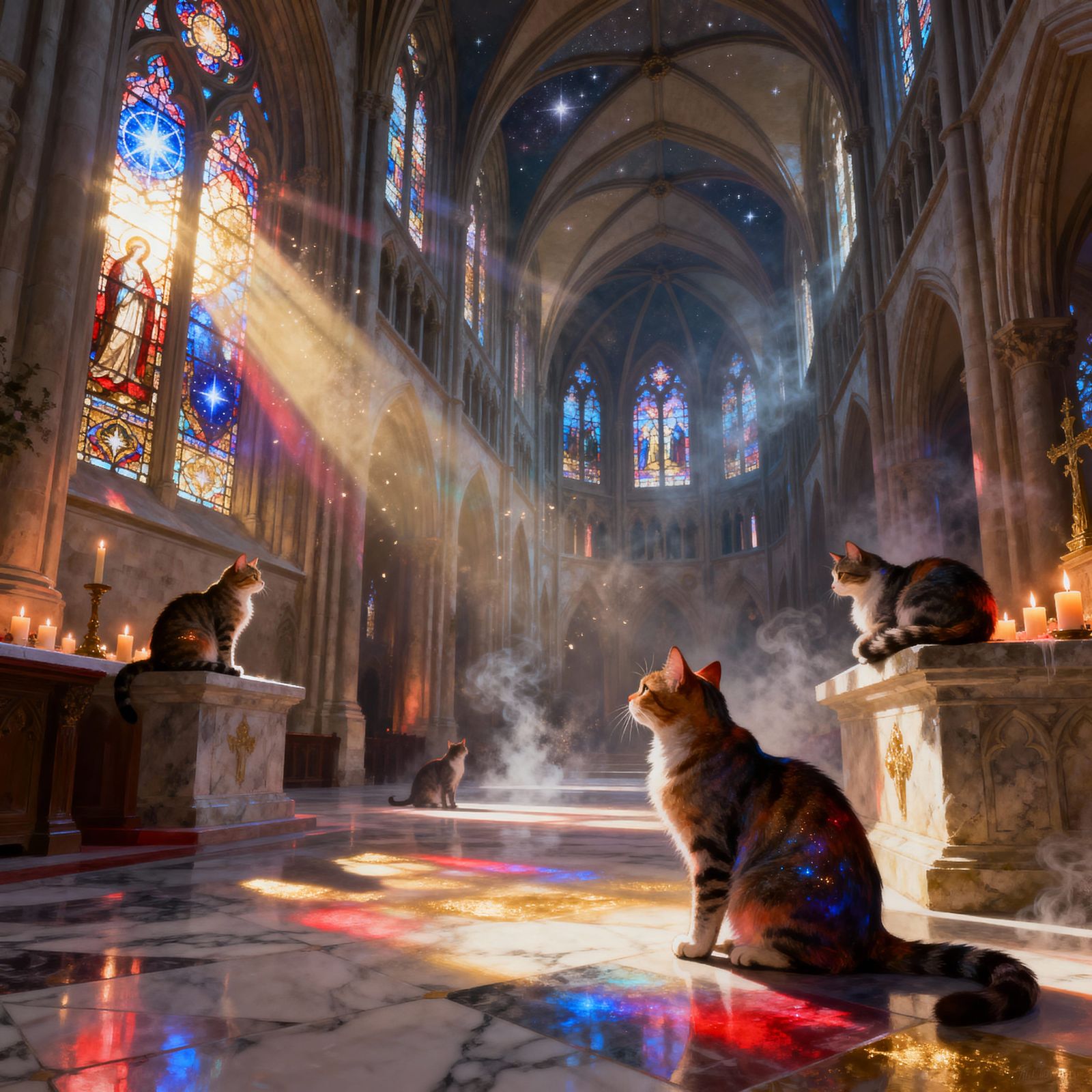 Cats in a Gothic Cathedral with Divine Sunlight