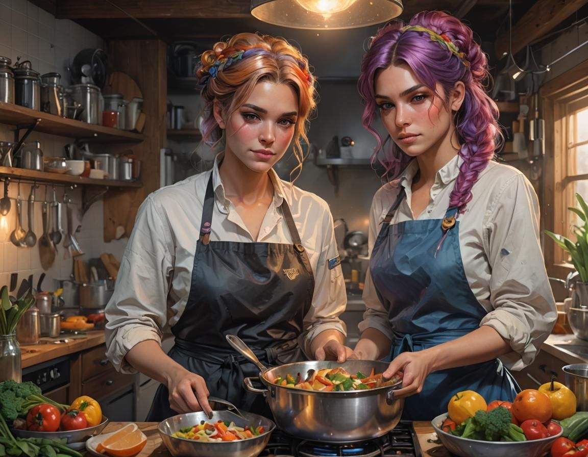 Lesbians cooking dinner