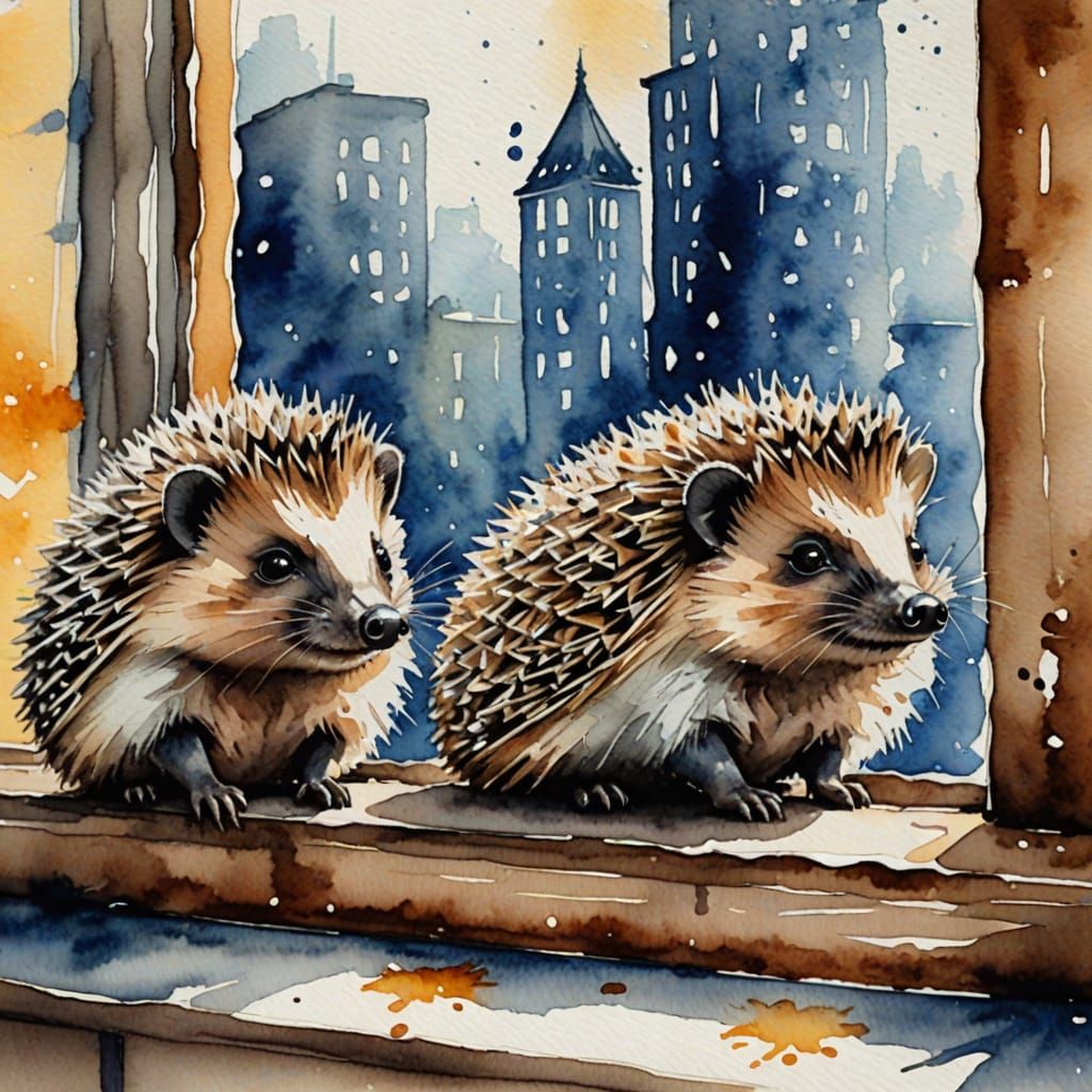 Charming Watercolor Hedgehogs on a Window Sill