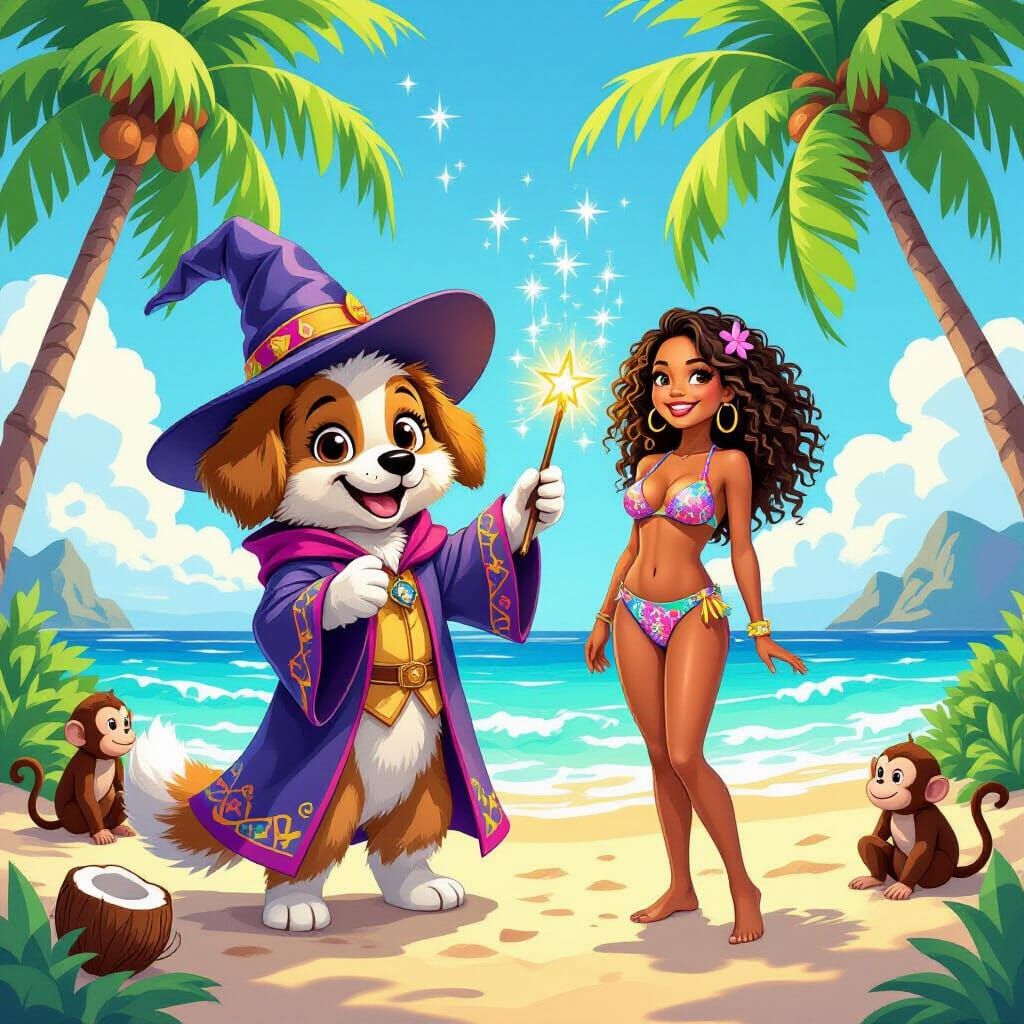 Magical Puppy Wizard on Tropical Beach with Halle Berry