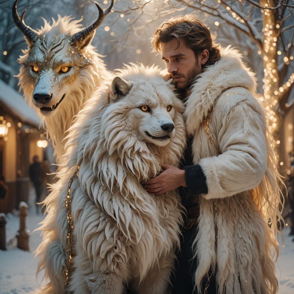 Man Hugging Golden Fantasy Beast in Ethereal Lighting