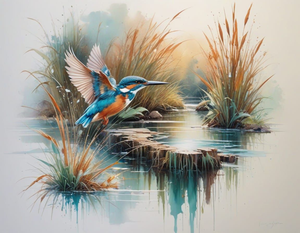 Kingfisher Hovers Over Spring Brook in Luminous Watercolour