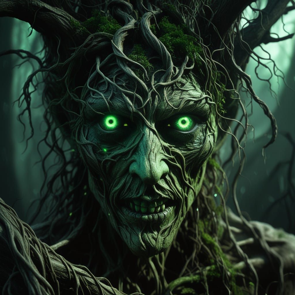 Dark Fantasy Forest Spirit with Glowing Eyes
