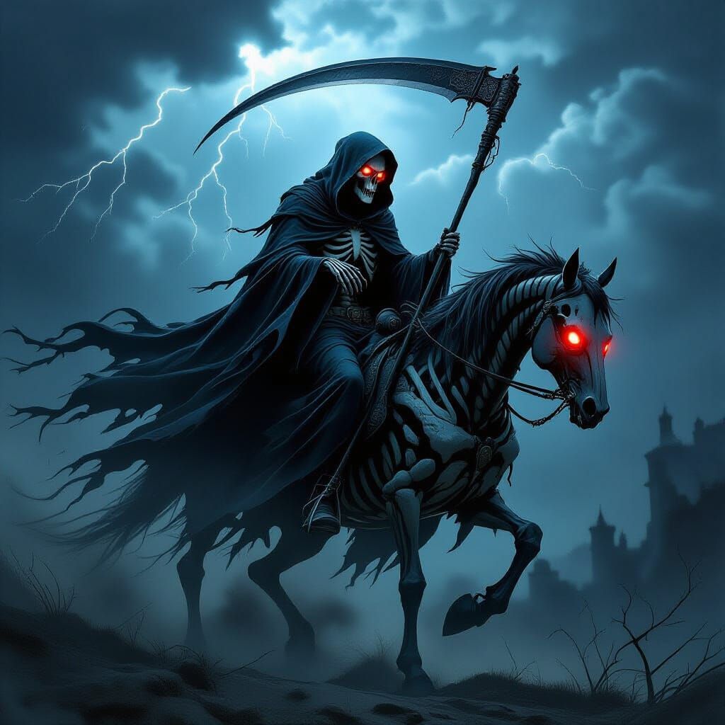 Skeletal Grim Reaper on Spectral Horse in Dark Fantasy