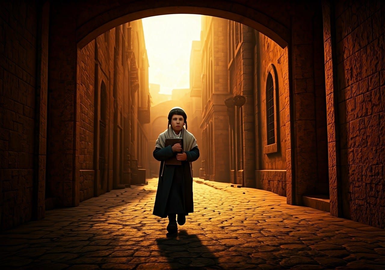 Orthodox Boy Studies Ancient Texts under Starry Twilight Sky