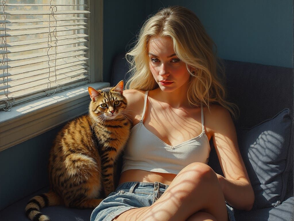 Blonde Woman with Cat in Impressionist Light