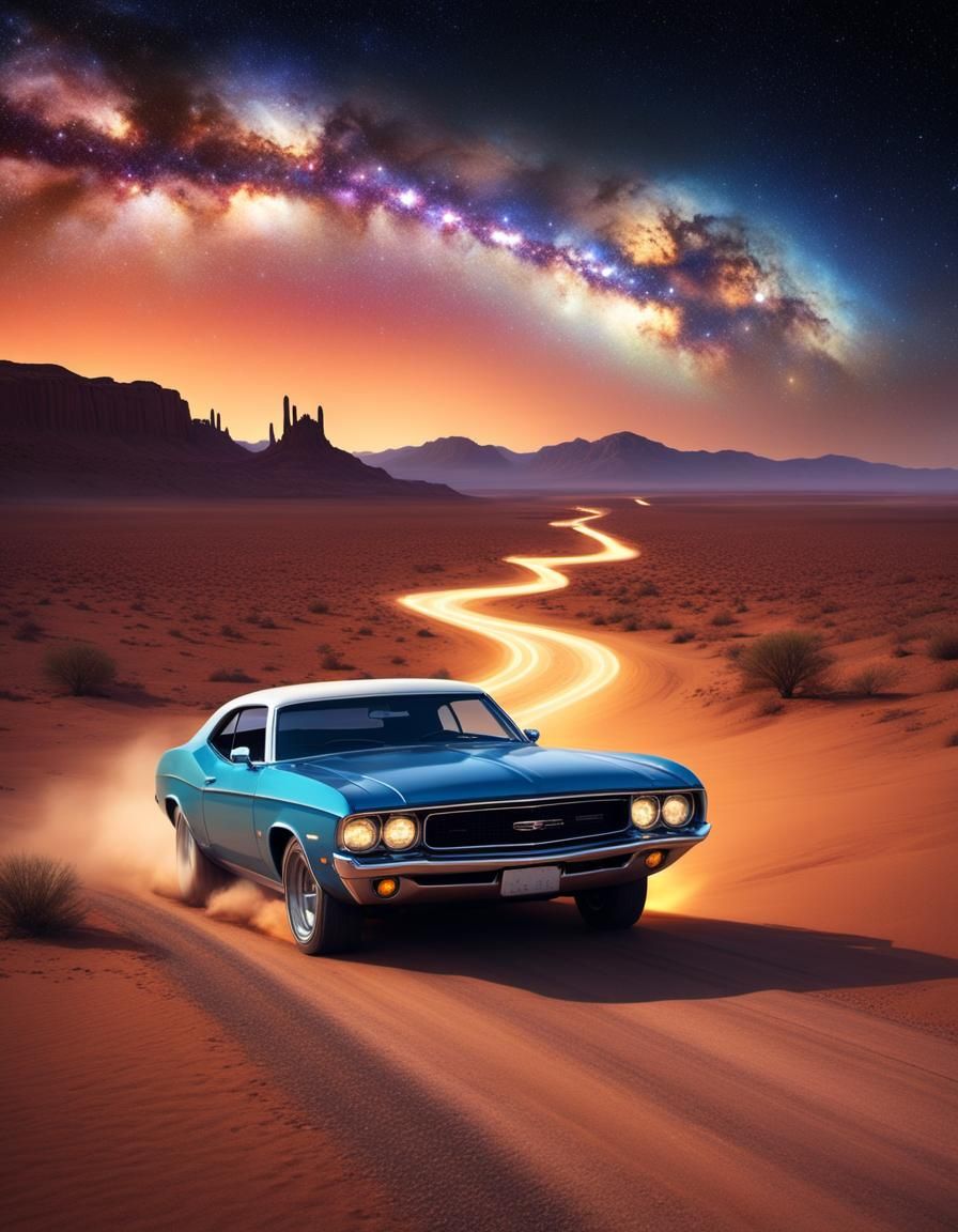 Classic Car on Desert Road Under Starry Sky