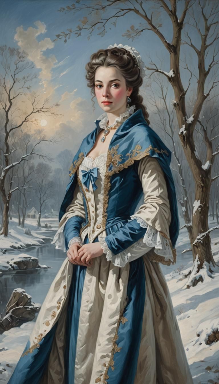 Elegant Woman in Winter Landscape, Gainsborough Style