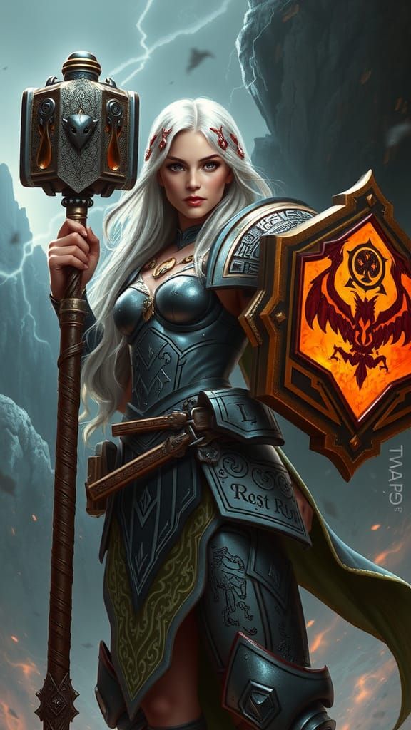 Platinum-Haired Woman Warrior in Mystical Storm