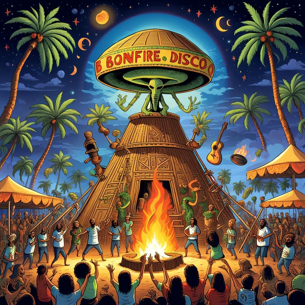 Extraterrestrial Beach Bonfire Disco in Cyberpunk Neon