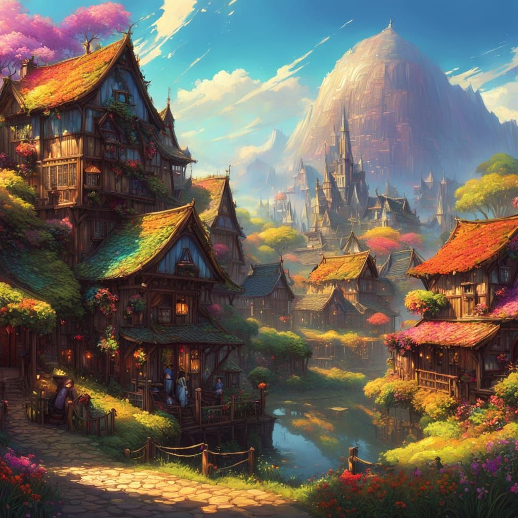 Vibrant Solarpunk Village in Whimsical Dreamscapes