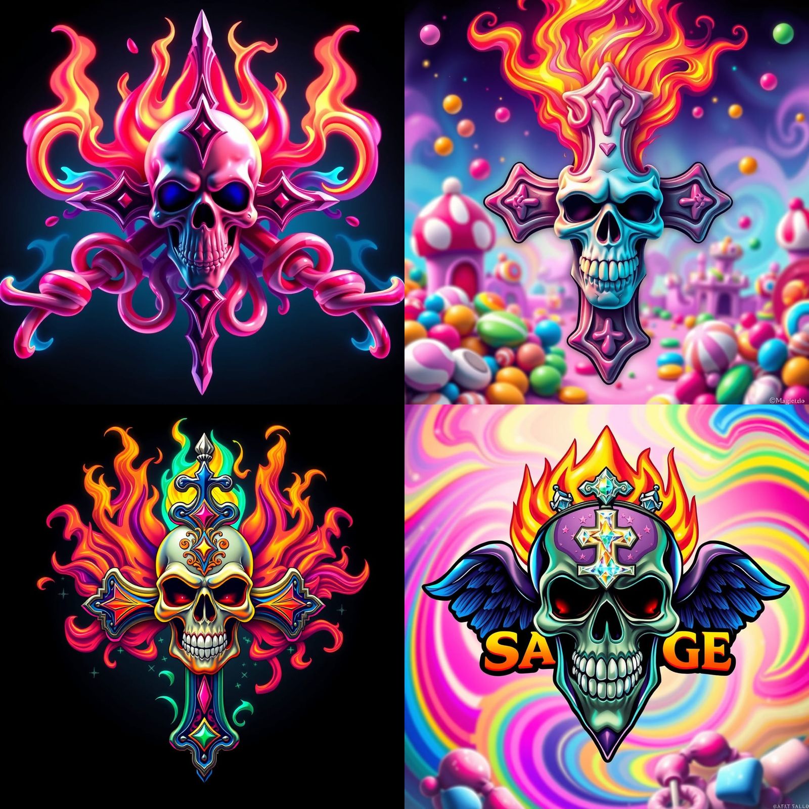Queen Savage Logo: Skull, Cross, and Flames in Candy Art