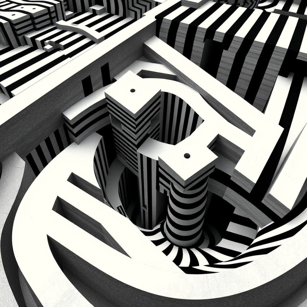 Impossible Architecture in Escher Style with Op Art Elements