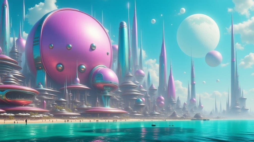 Iridescent Alien City on Turquoise Shores
