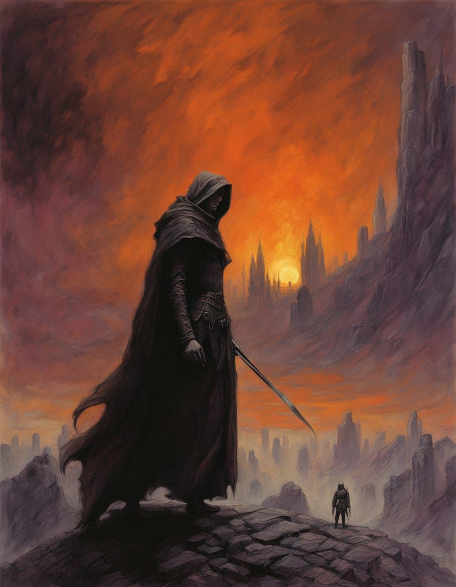 Dark Elven Assassin Amidst Fiery Skies