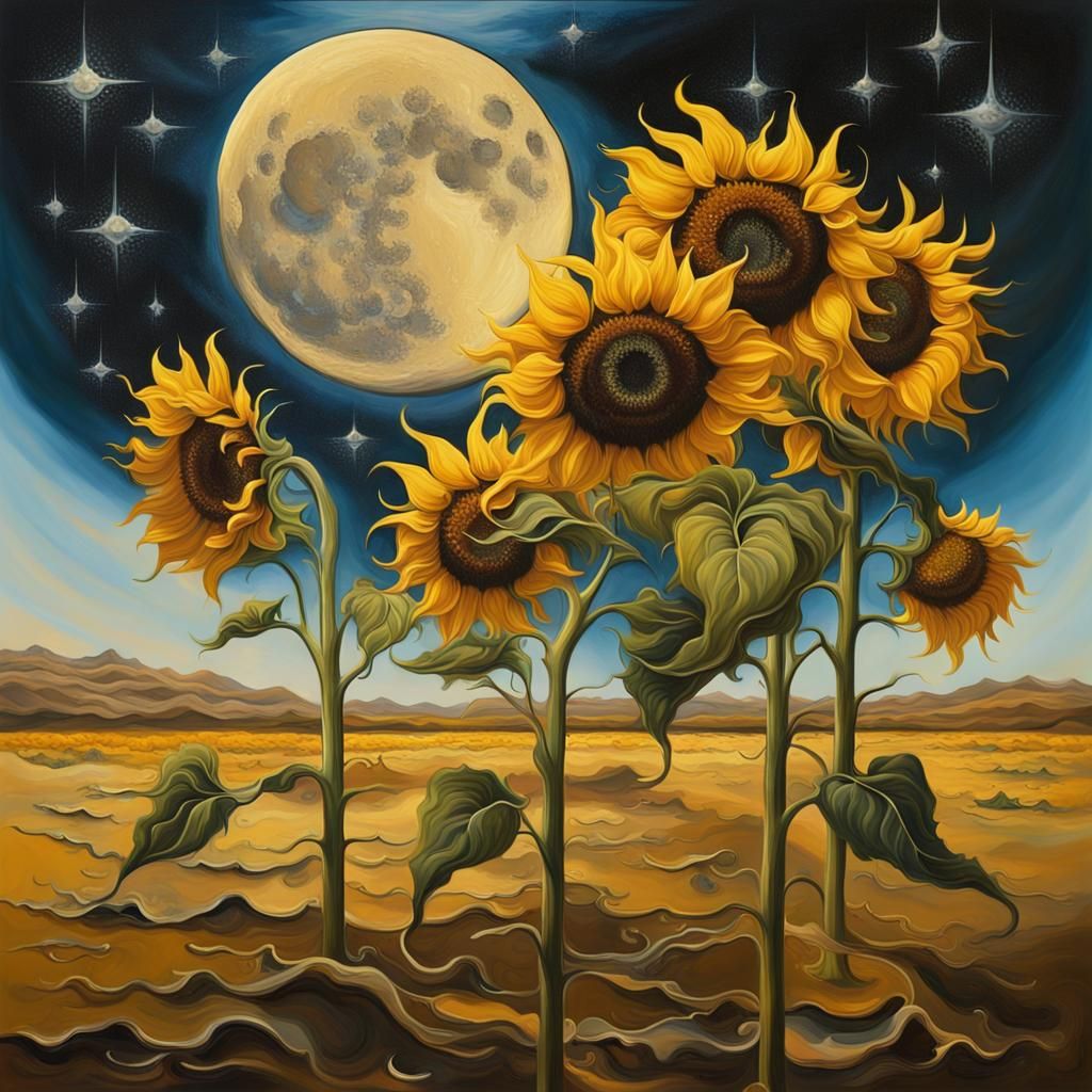 Surreal Sunflowers Bloom on the Moon in Dali-esque Style
