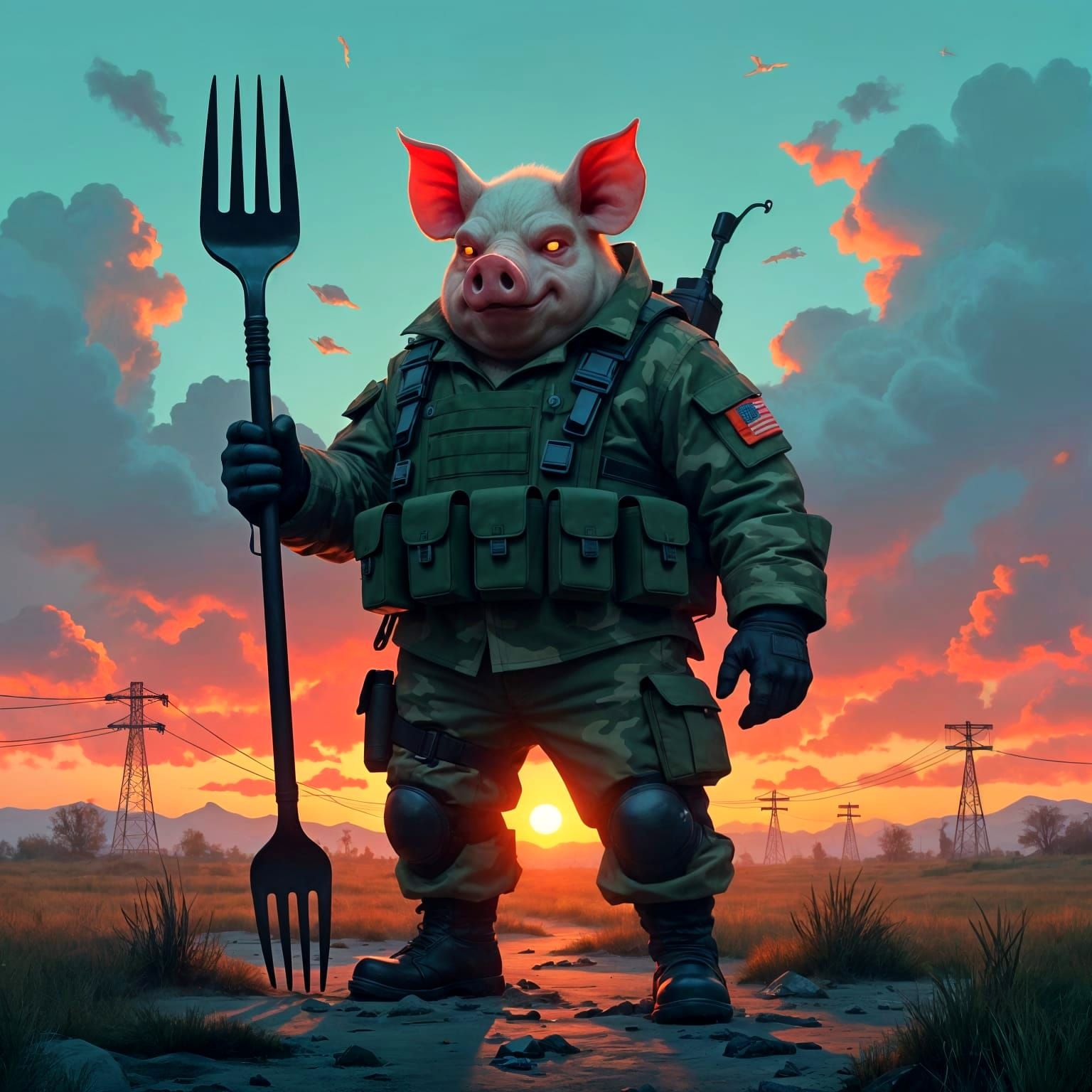 Glitch Art Pig Monster Wields Fork in Static Landscape