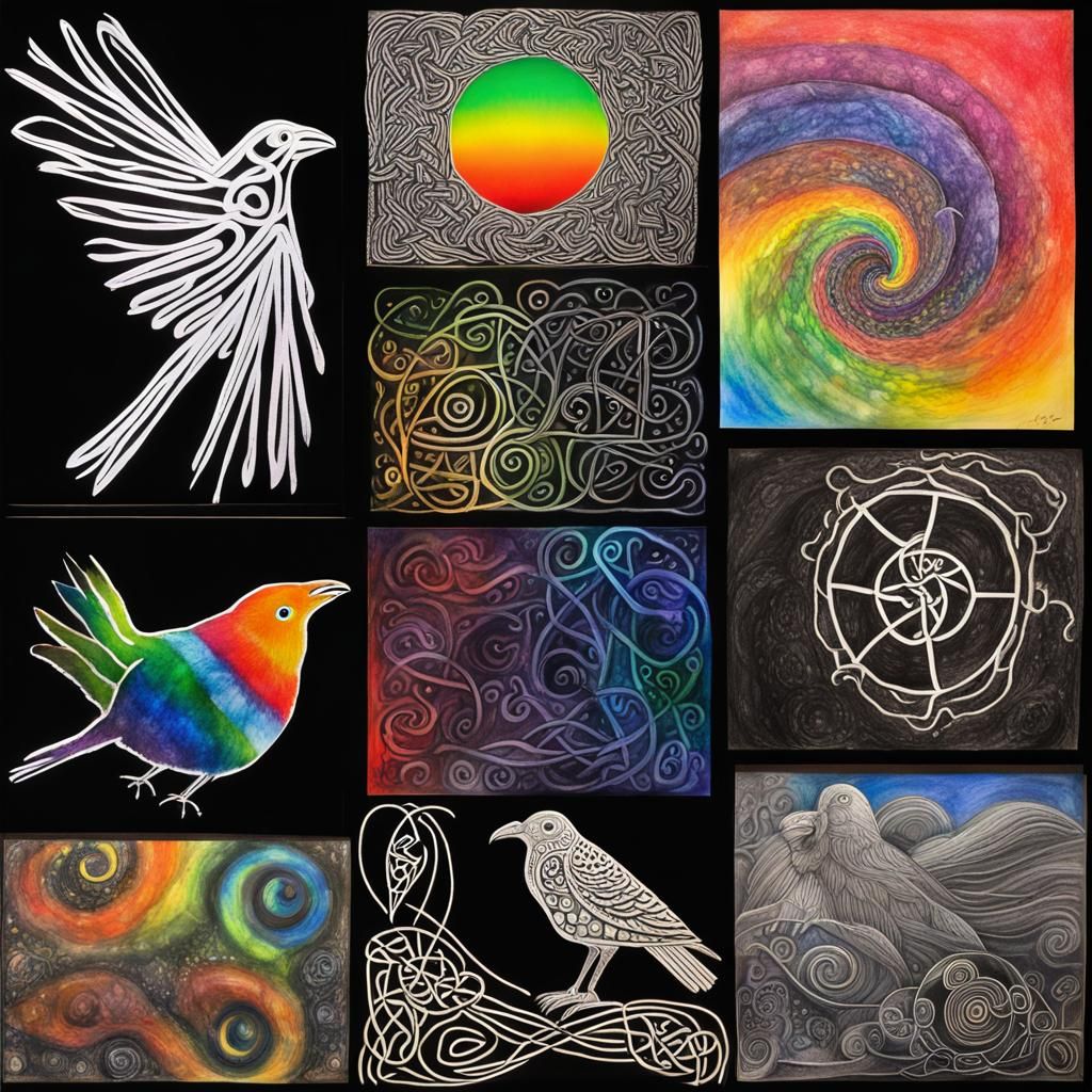 Surreal Celtic Raven Silhouette in Crayon Style