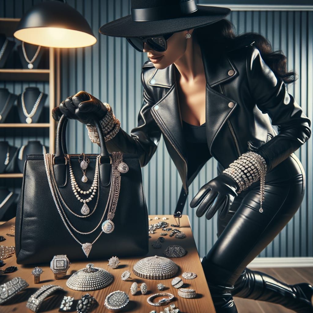 Glamorous Thief Steals Diamonds in Black Leather Attire