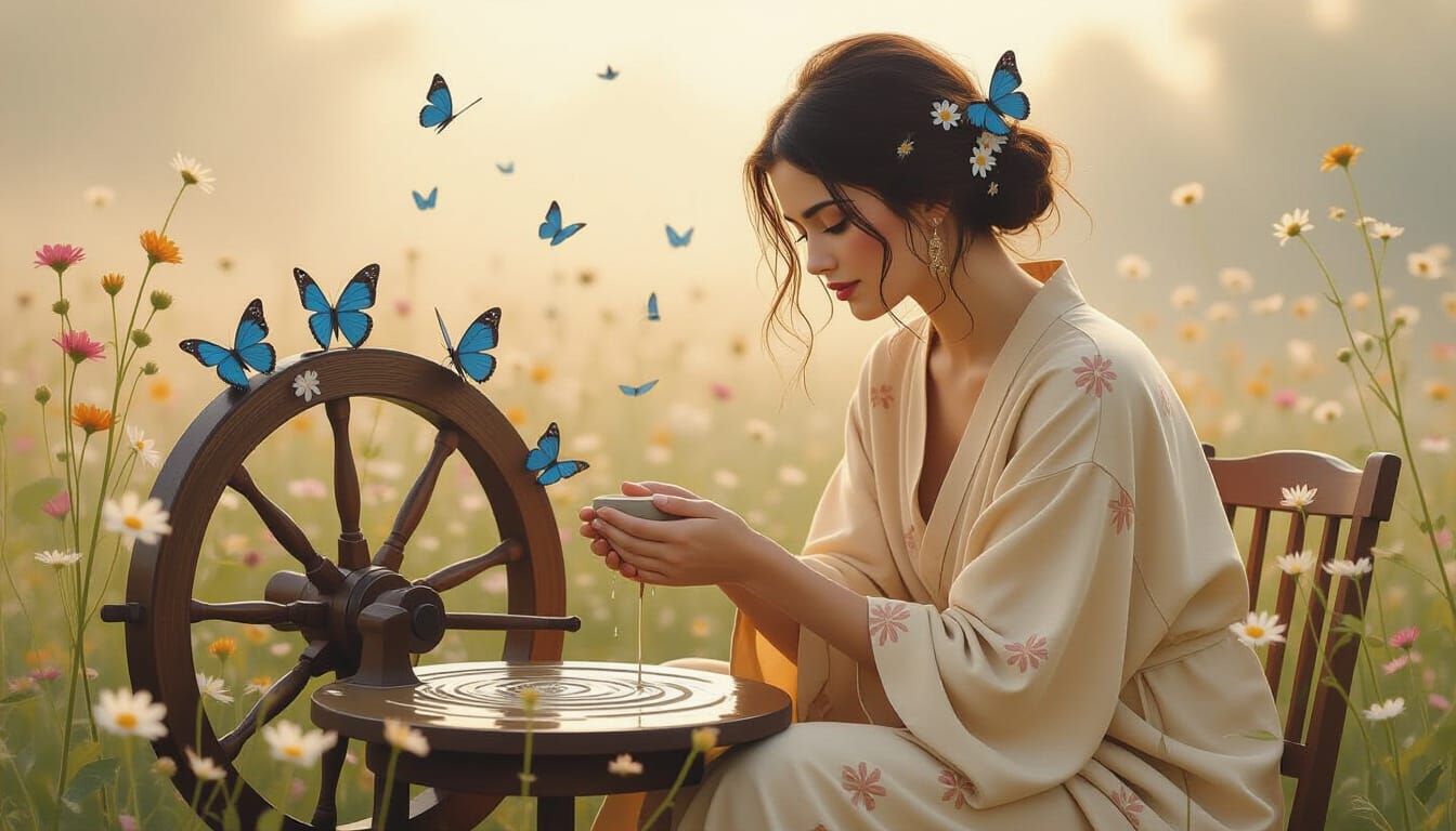 Dreamy Watercolour: Woman Shaping Clay with Butterflies