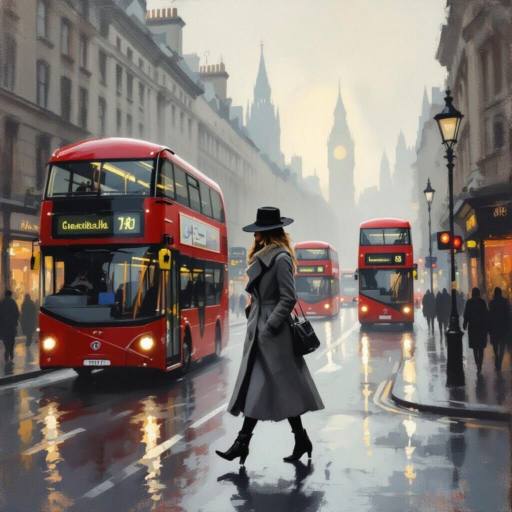 Foggy Oxford Street Scene with Red Buses, Impressionist Oil ...