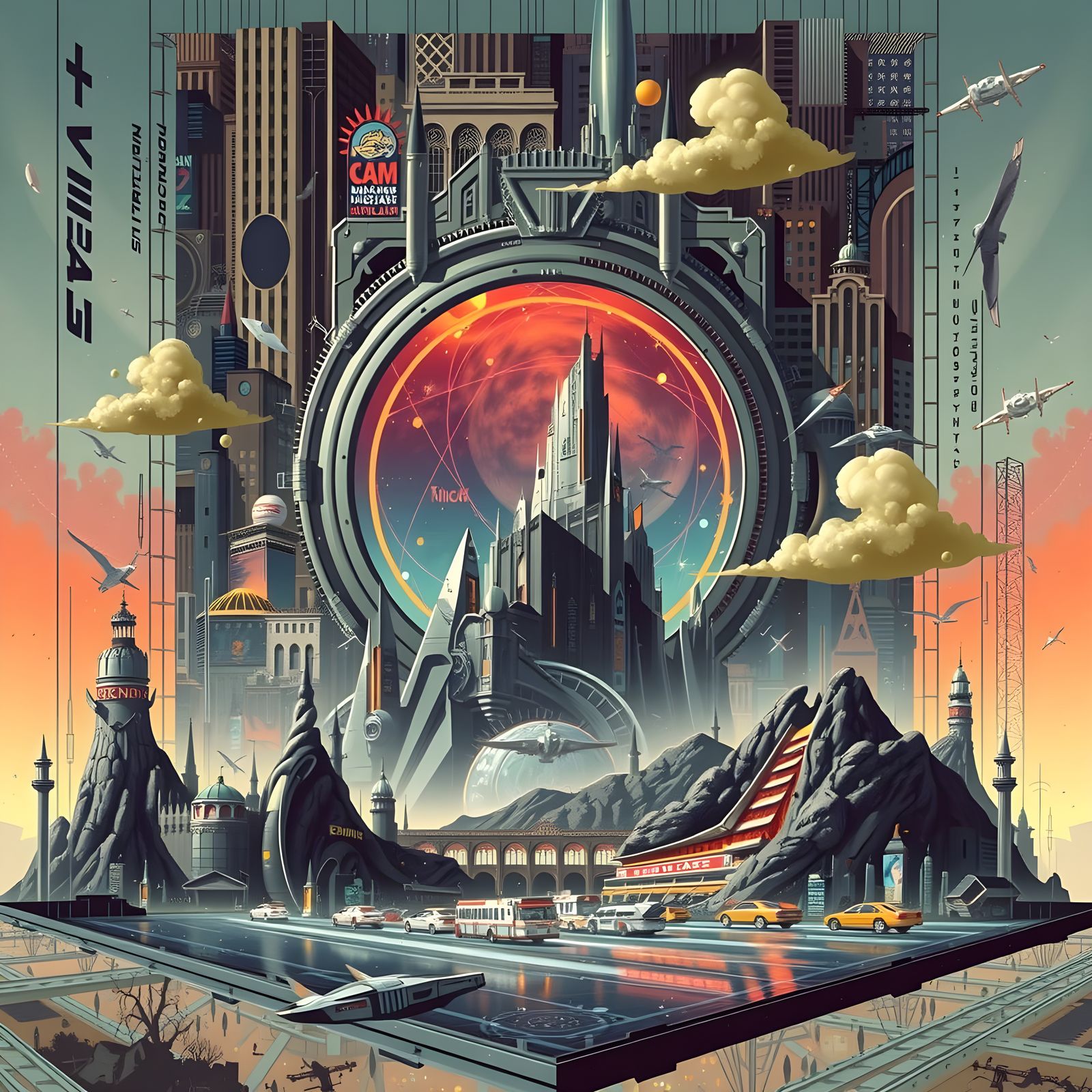 Cyberpunk Cityscape with Glowing Portals