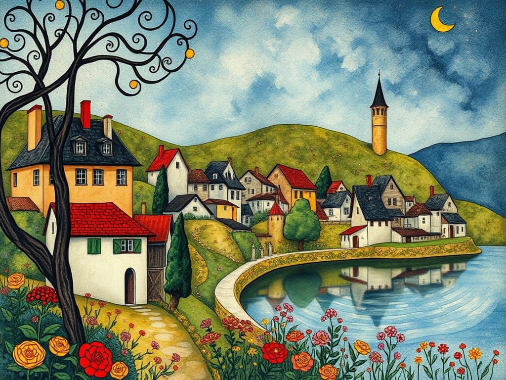 Folk Art Village Lake in Art Nouveau Style